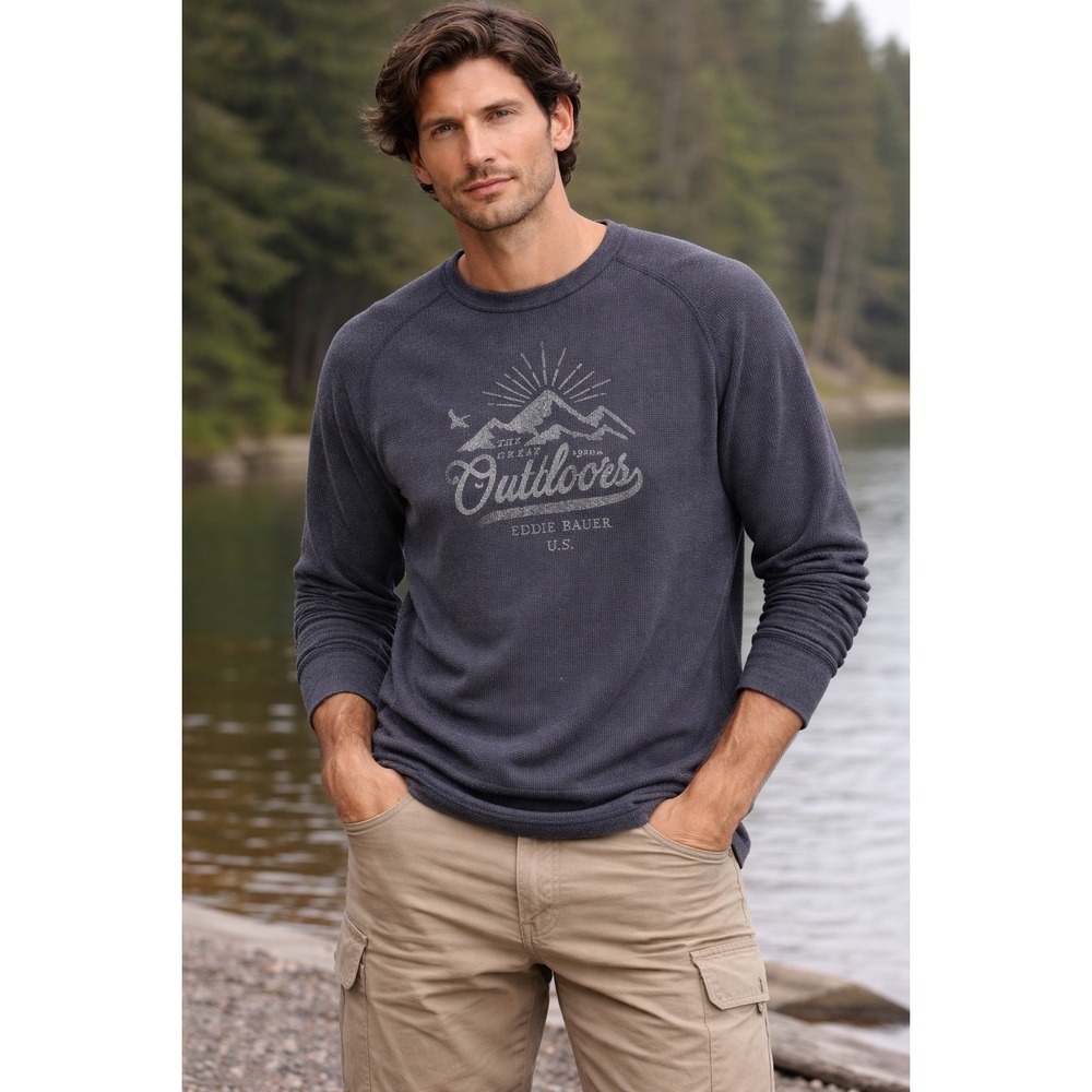 Eddie Bauer Mens 2XL Charcoal Grey Waffle Knit Great Outdoors‎ Thermal Tee